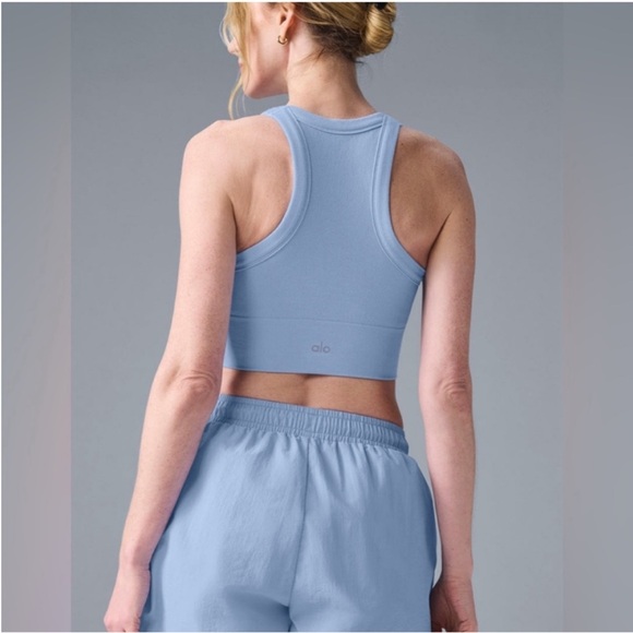 ALO Yoga Seamless Delight High Neck Bra Seashell Blue - Picture 6 of 8